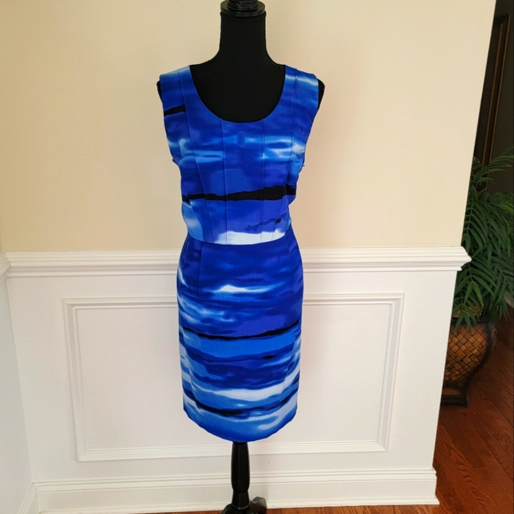 Emma & Michele Blue and Black Wave-Print Sheath Dress